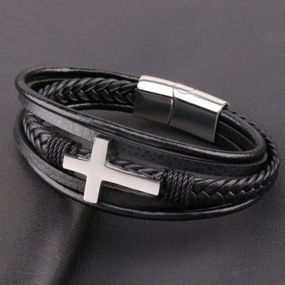 LEATHER 3 JOINED BRACELETS STAINLESS CLASP SILVER CROSS ADJUSTABLE UNISEX NWT - Picture 3 of 9